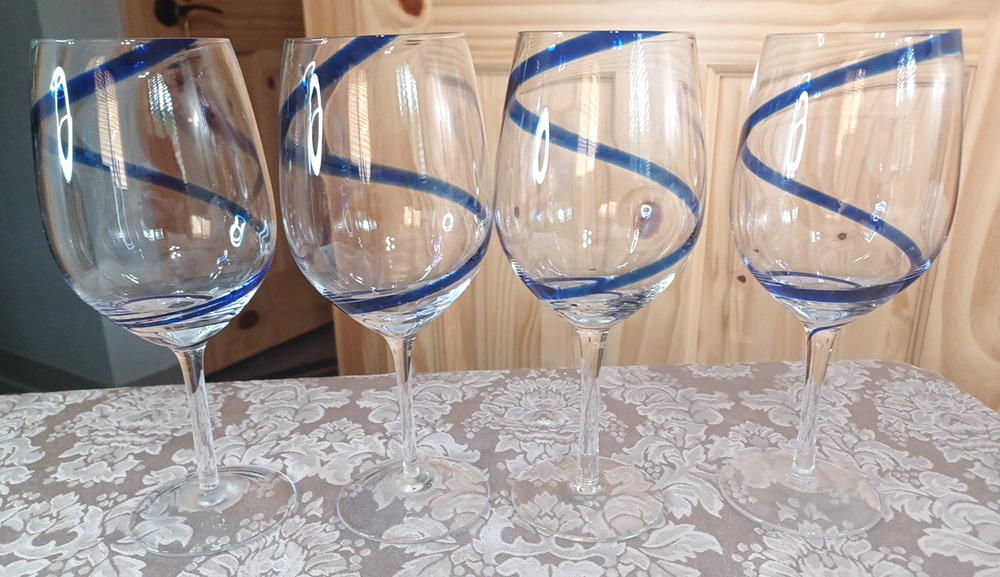 Pier 1 Blue Cobalt Swirl Ribbon 16 Oz Goblets 4 Glasses 9" Barware Retired Set